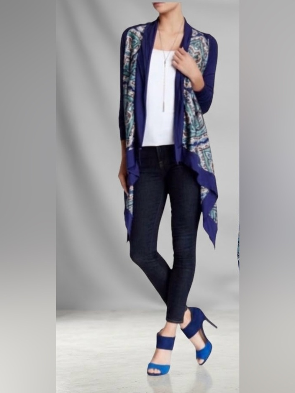 Vertigo “Paisley in Royal” Satin Panel High Low Cardigan NWT (A)